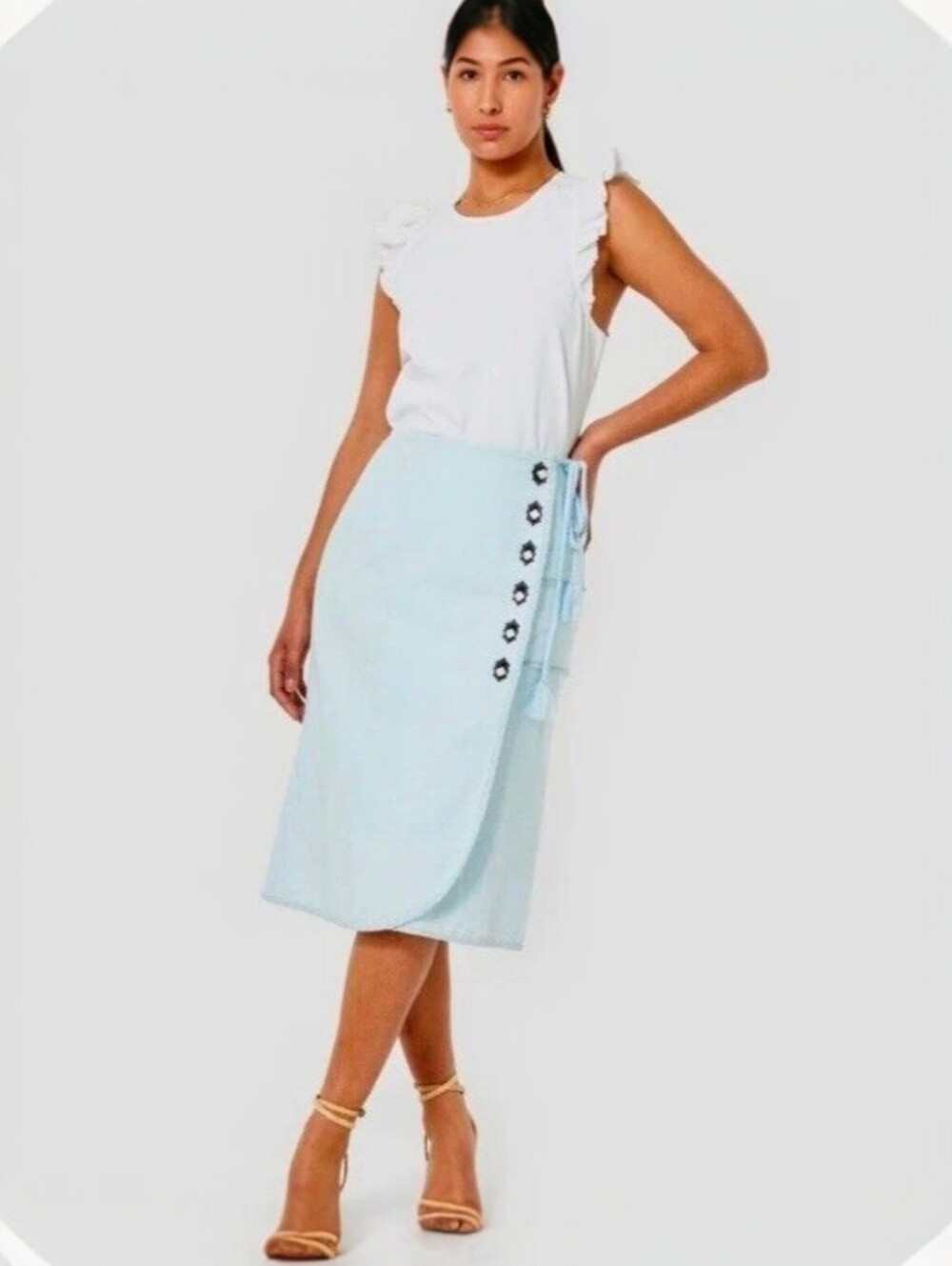 Cartolina Embroidered Button A-Line Light Blue Eliana Cotton Wrap Midi Skirt L